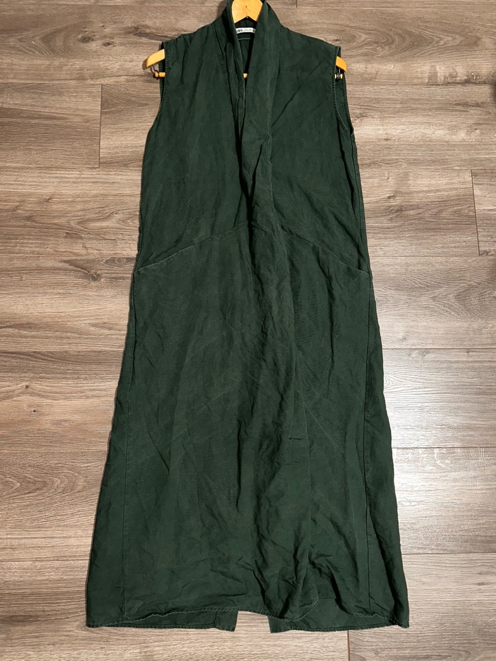 Linen Blend Dress Sleeveless Draped Shawl Collar in Forest Green Maxi